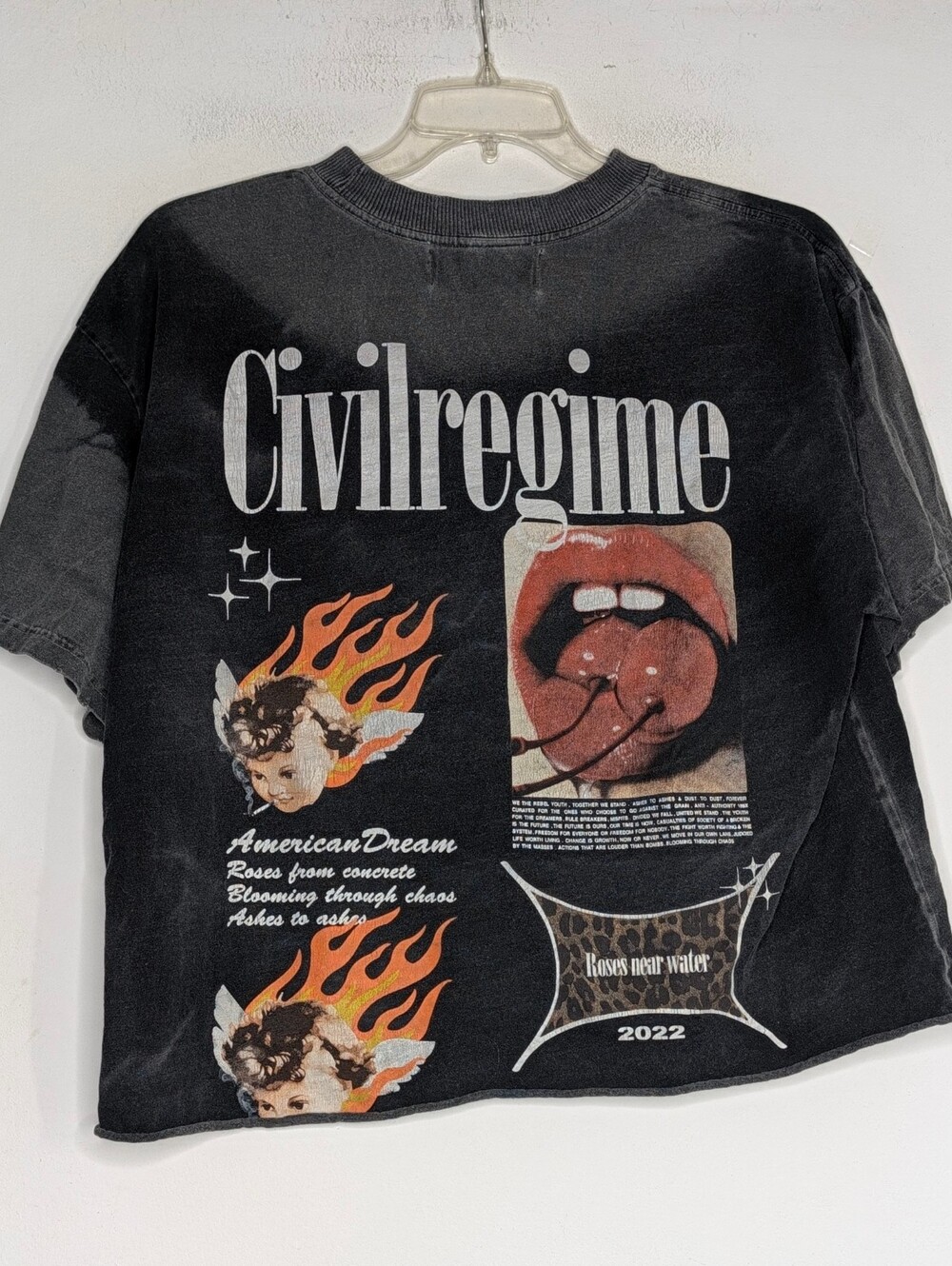 Civil Regime American Dream Boxy Cropped Tee Black Acid Wash Roses Near Water